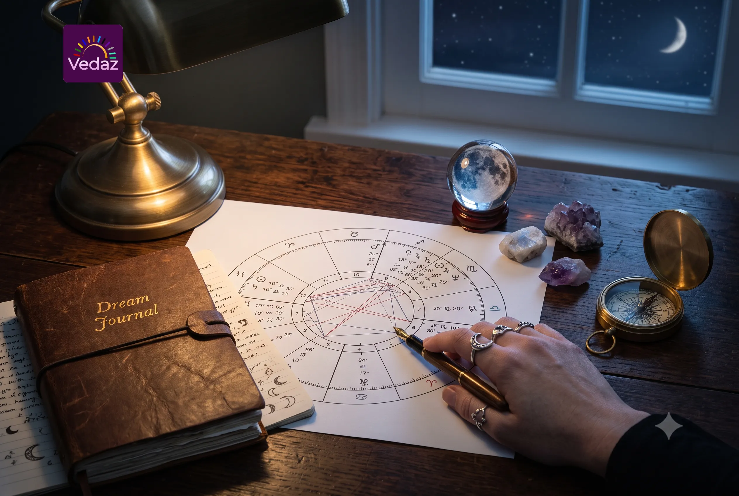 A leather dream journal, a crystal ball, and an open astrology chart on a dark wooden desk beside a window showing a crescent moon.