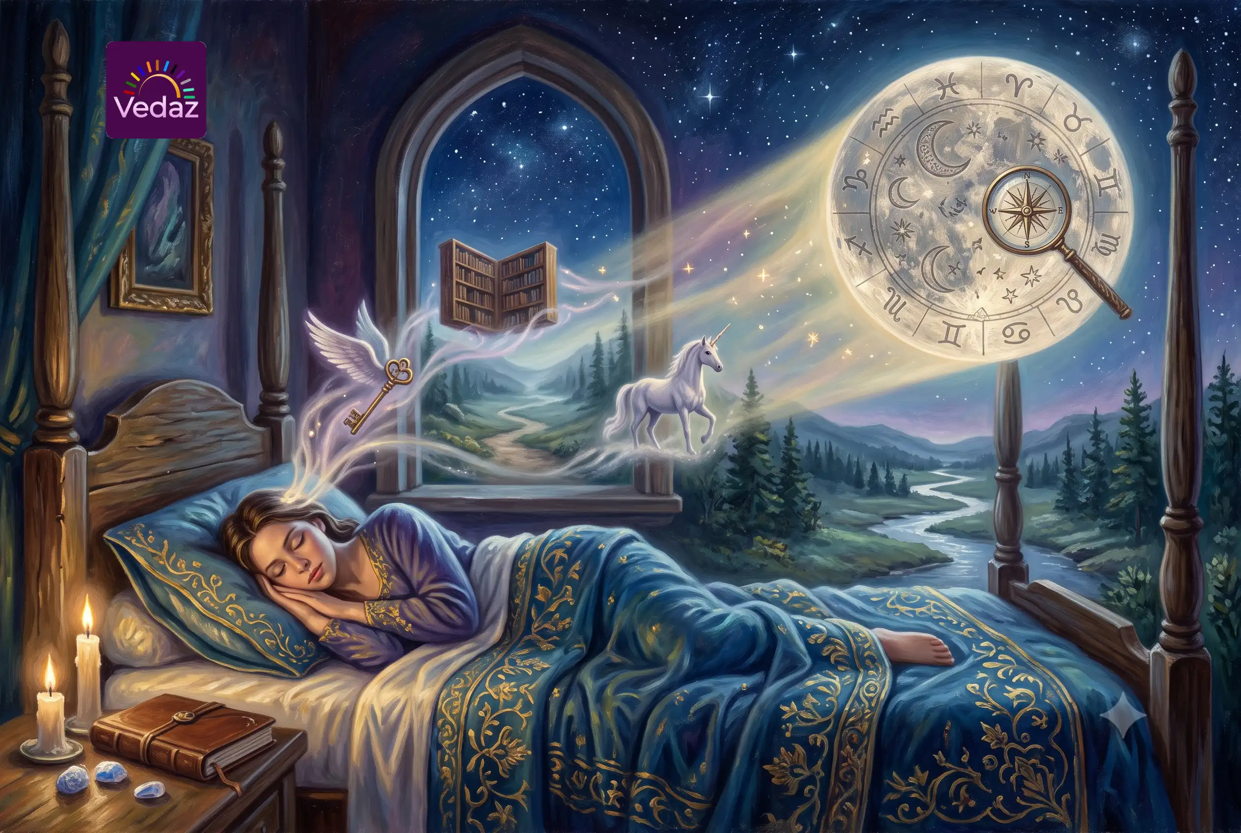 A woman sleeping peacefully in a blue bed while a glowing full moon featuring zodiac symbols and a magnifying glass shines outside her window.