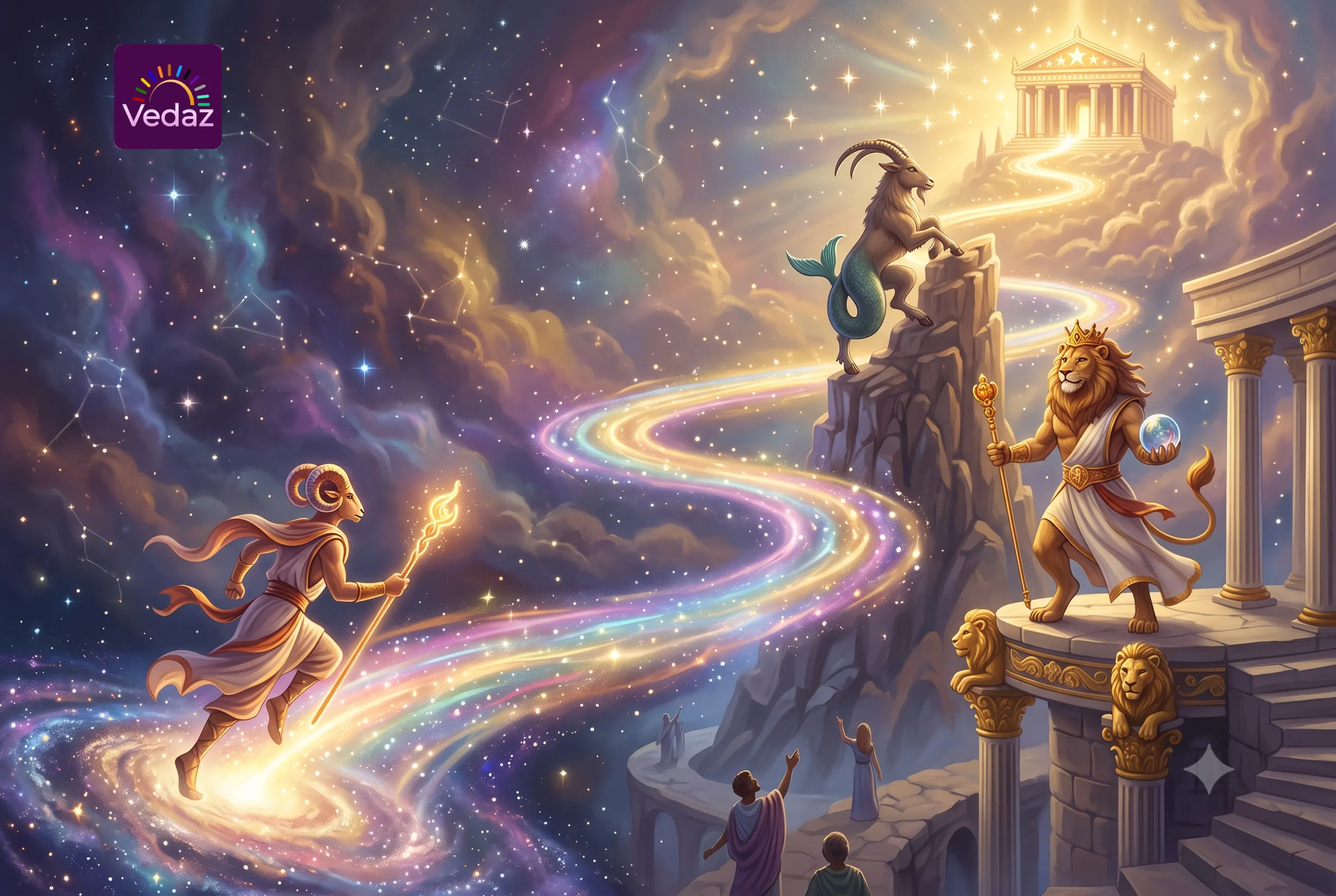 Mythological representations of an Aries ram, a Capricorn sea-goat, and a Leo lion standing on a cosmic, glowing path leading up to a celestial temple.