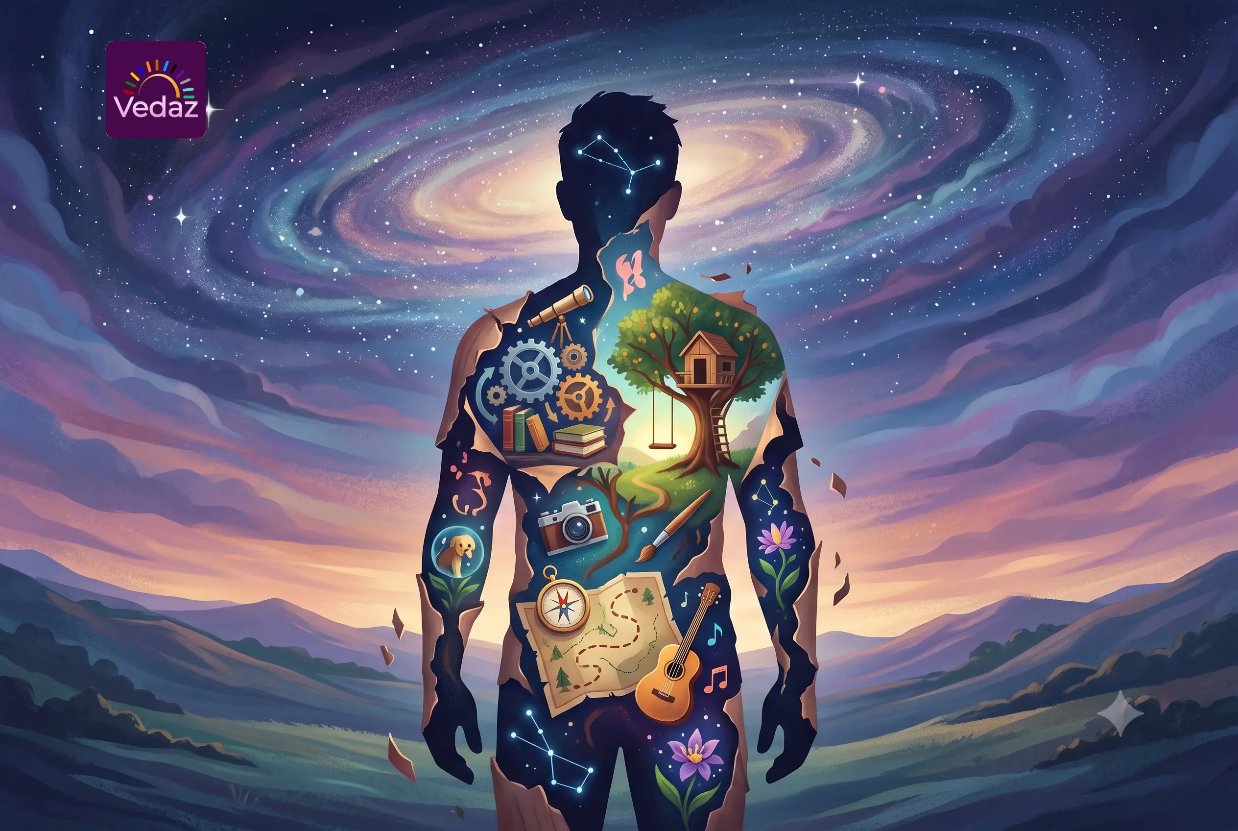 A silhouette of a person against a cosmic sky, with the inside of their body filled with illustrations of nature, travel, gears, and creative hobbies.