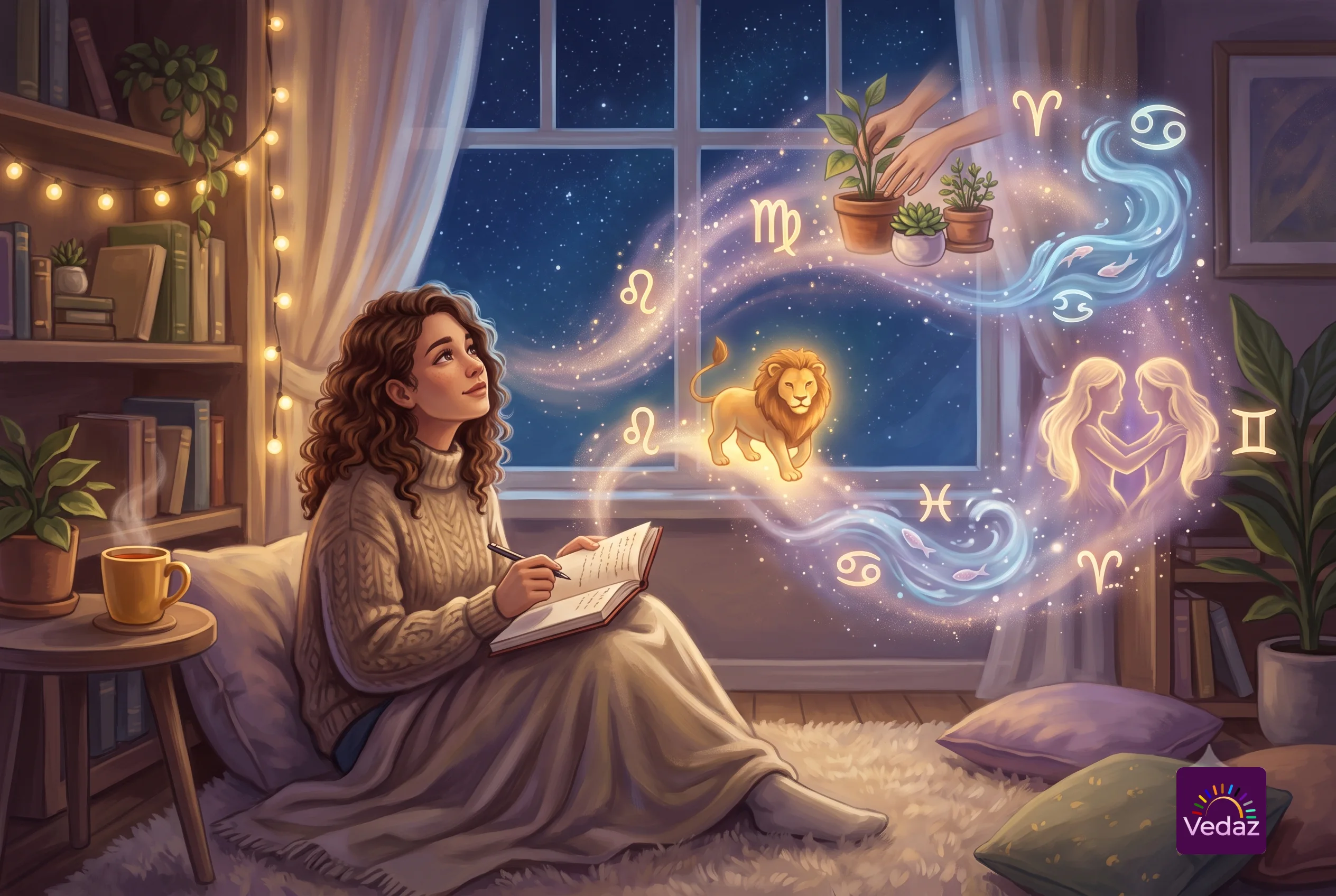 A young woman wrapped in a blanket in a cozy, dimly lit room, journaling, while glowing zodiac spirits representing different coping mechanisms comfort her from the pages.