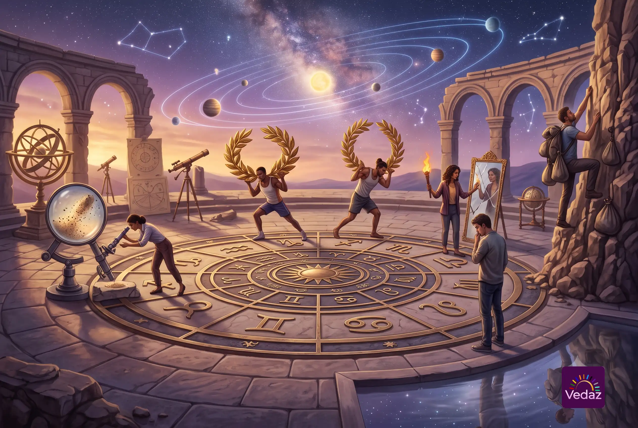 An ancient courtyard where different people are engaging in self-critical or demanding tasks—such as carrying heavy laurels, scrutinizing a reflection, and climbing a rock wall—around a large celestial zodiac calendar.