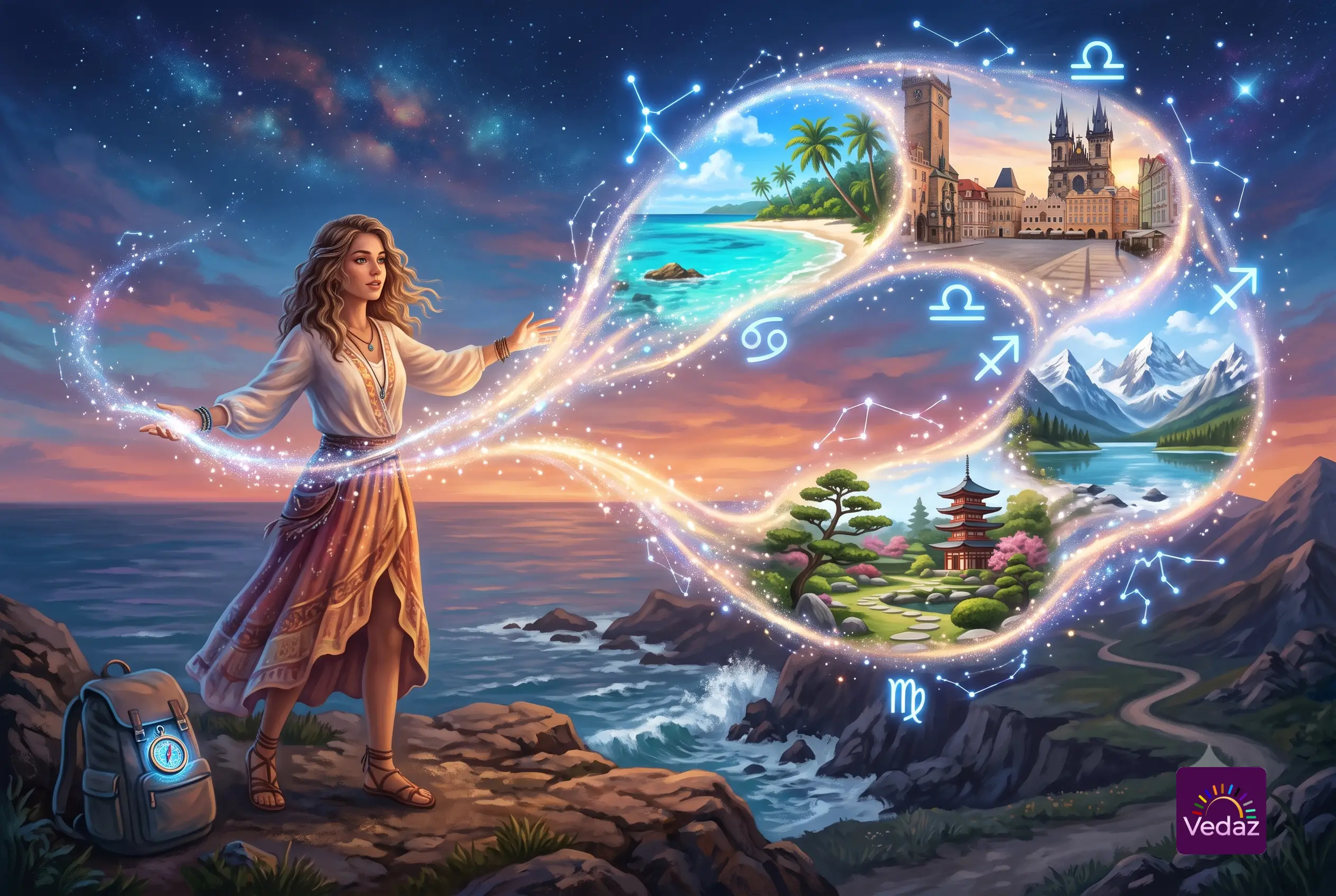 A woman standing on a cliffside overlooking the ocean, using glowing magic to weave floating portals that show different travel destinations, including a tropical beach, a European city, and a Japanese garden.