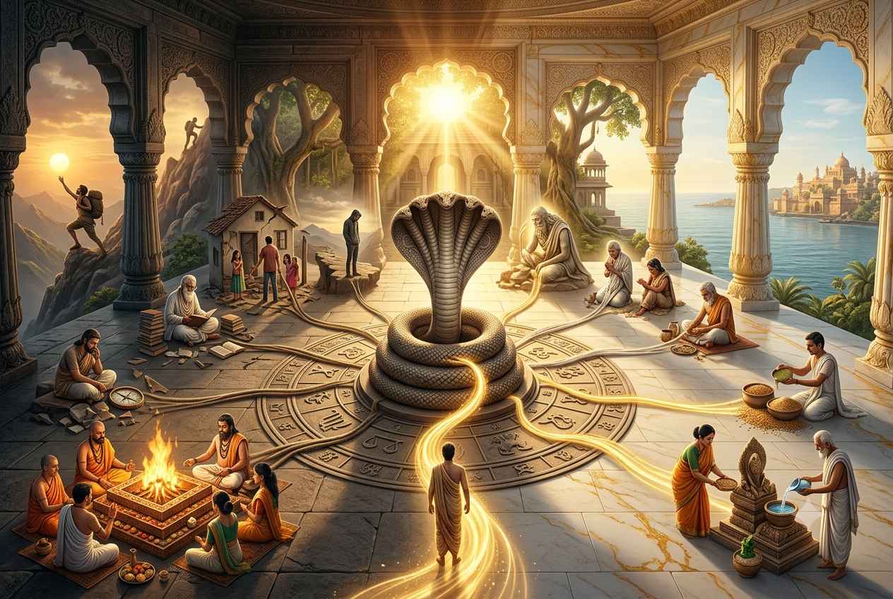 A majestic stone temple courtyard featuring a central coiled serpent on an astrological mandala