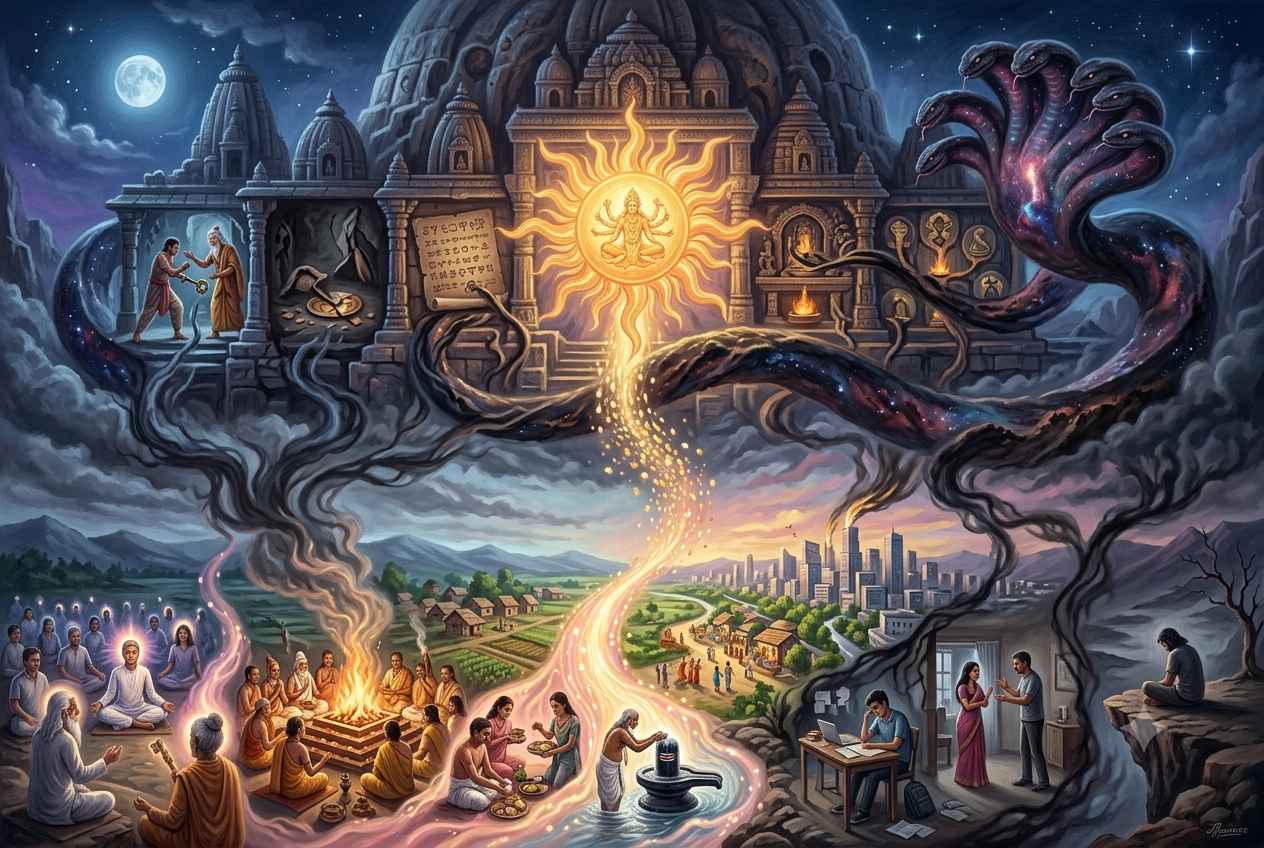 A dramatic astrological scene featuring a dark serpent entwined around a cosmic wheel