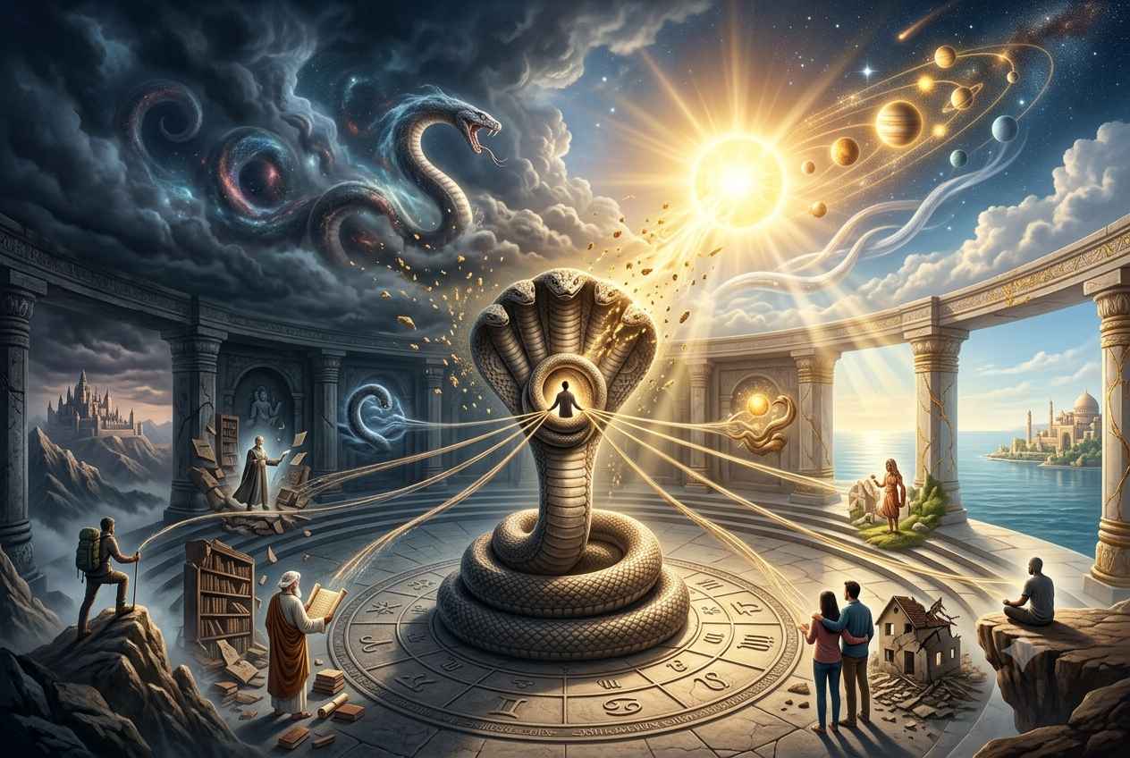 An intricate artwork depicting Kulik Kaal Sarp Dosha, featuring dark smoke spirals originating from a celestial serpent head
