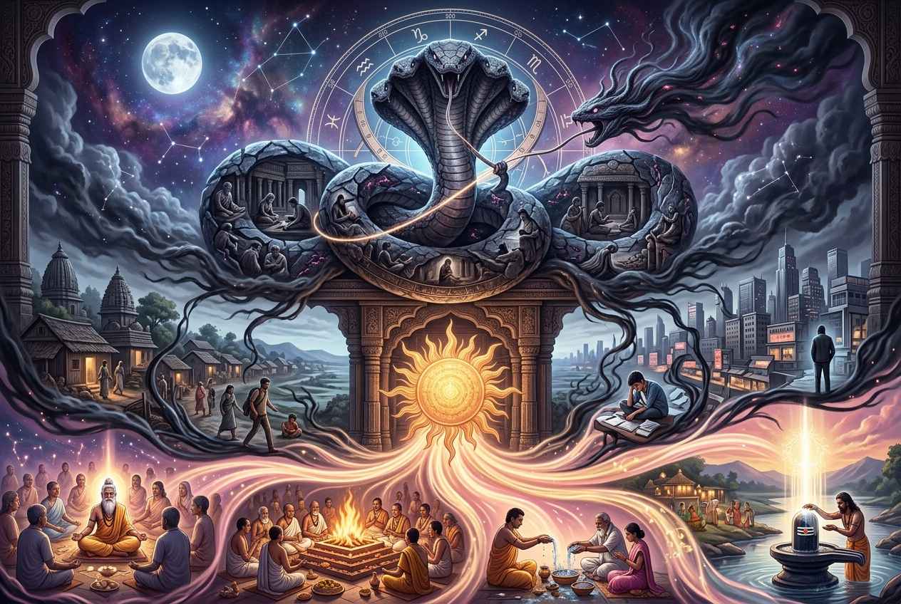 A detailed astronomical banner centered around a powerful serpent hood and glowing sun emblem