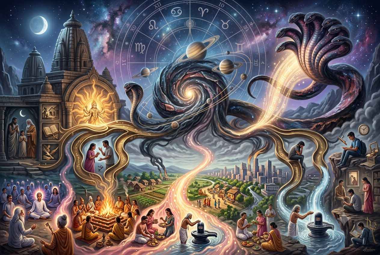 A dynamic astrological illustration showing planetary orbits and a swirling cosmic vortex alongside a multi-headed serpent