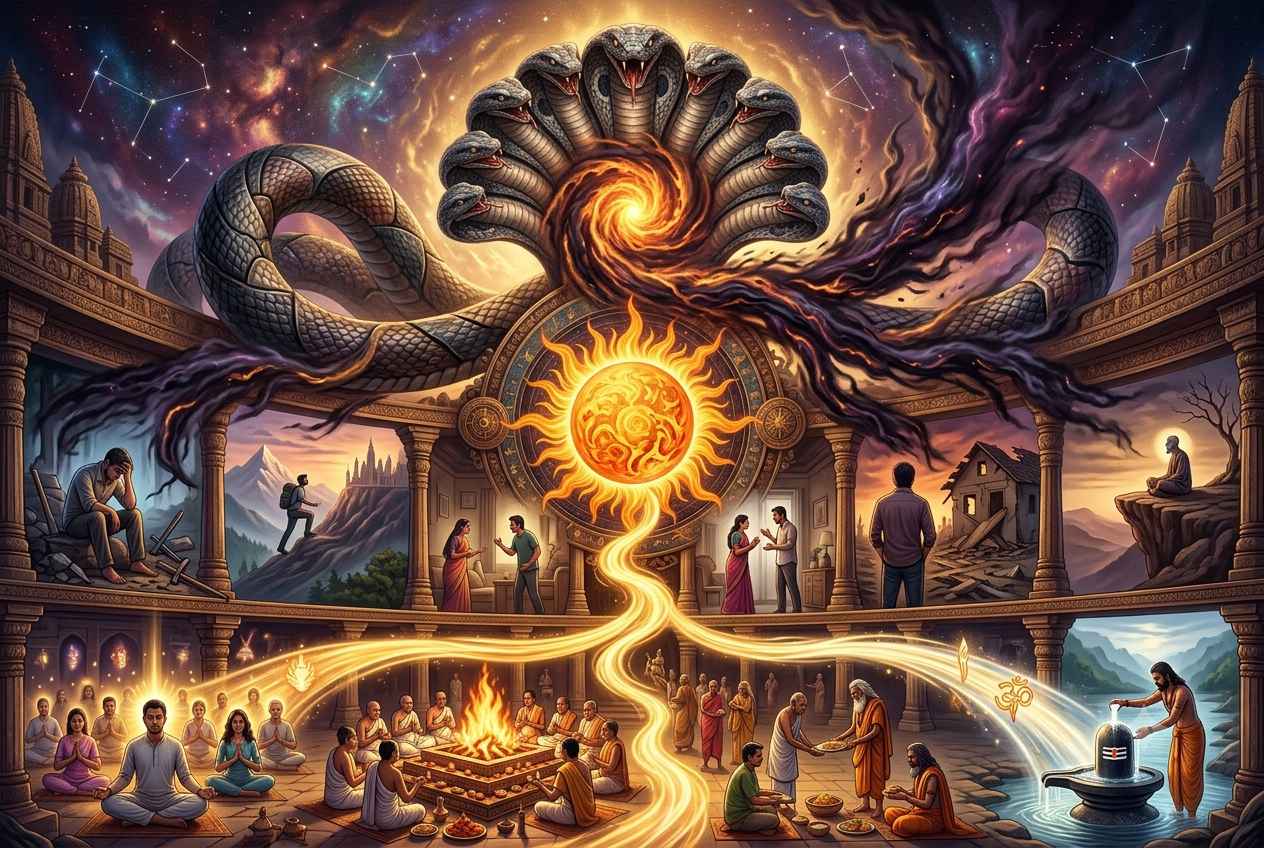 A vibrant cosmic banner centered around a blooming lotus motif and a celestial serpent