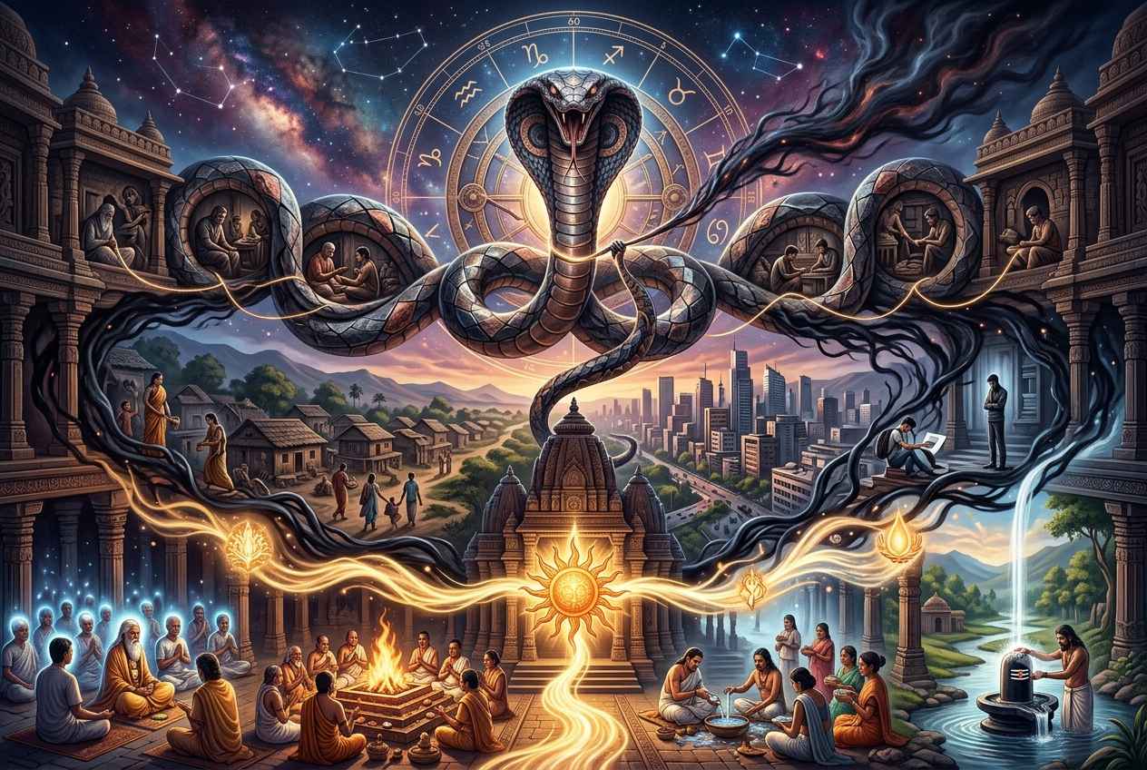 A detailed astrological banner featuring a cosmic serpent entwined around zodiac wheel
