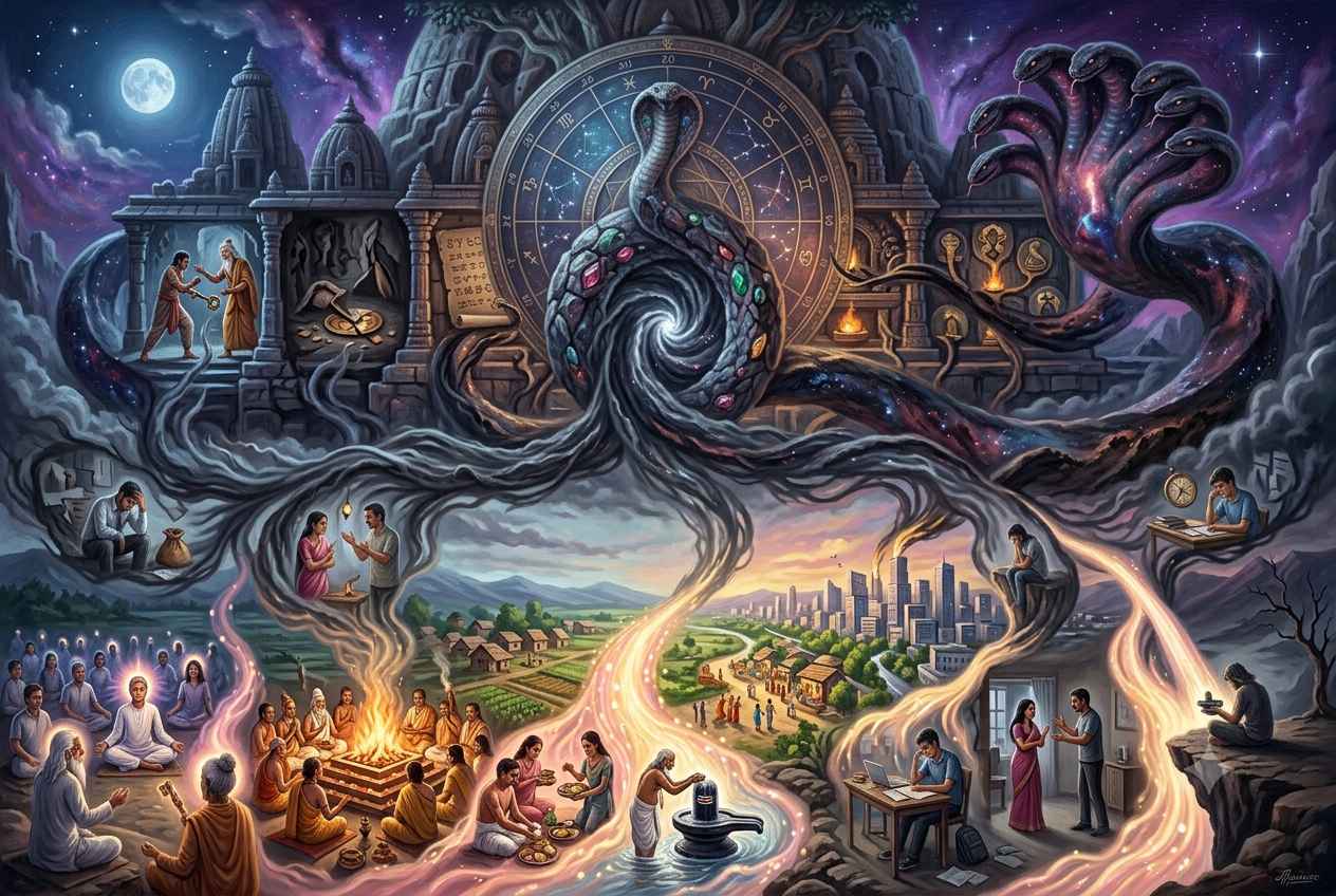 A surreal astrological scene with a gemstone-adorned central serpent coil and multi-headed hood