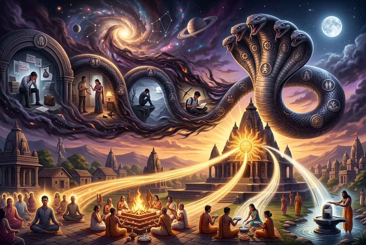 A detailed visual representation of Vishdhar Kaal Sarp Dosha showing a multi-headed serpent over a celestial backdrop