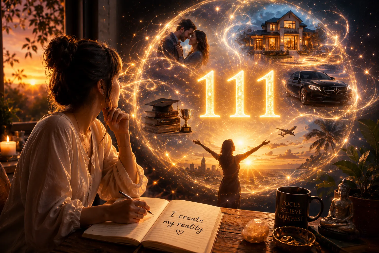 Angel number 111 with a glowing spiritual and cosmic background