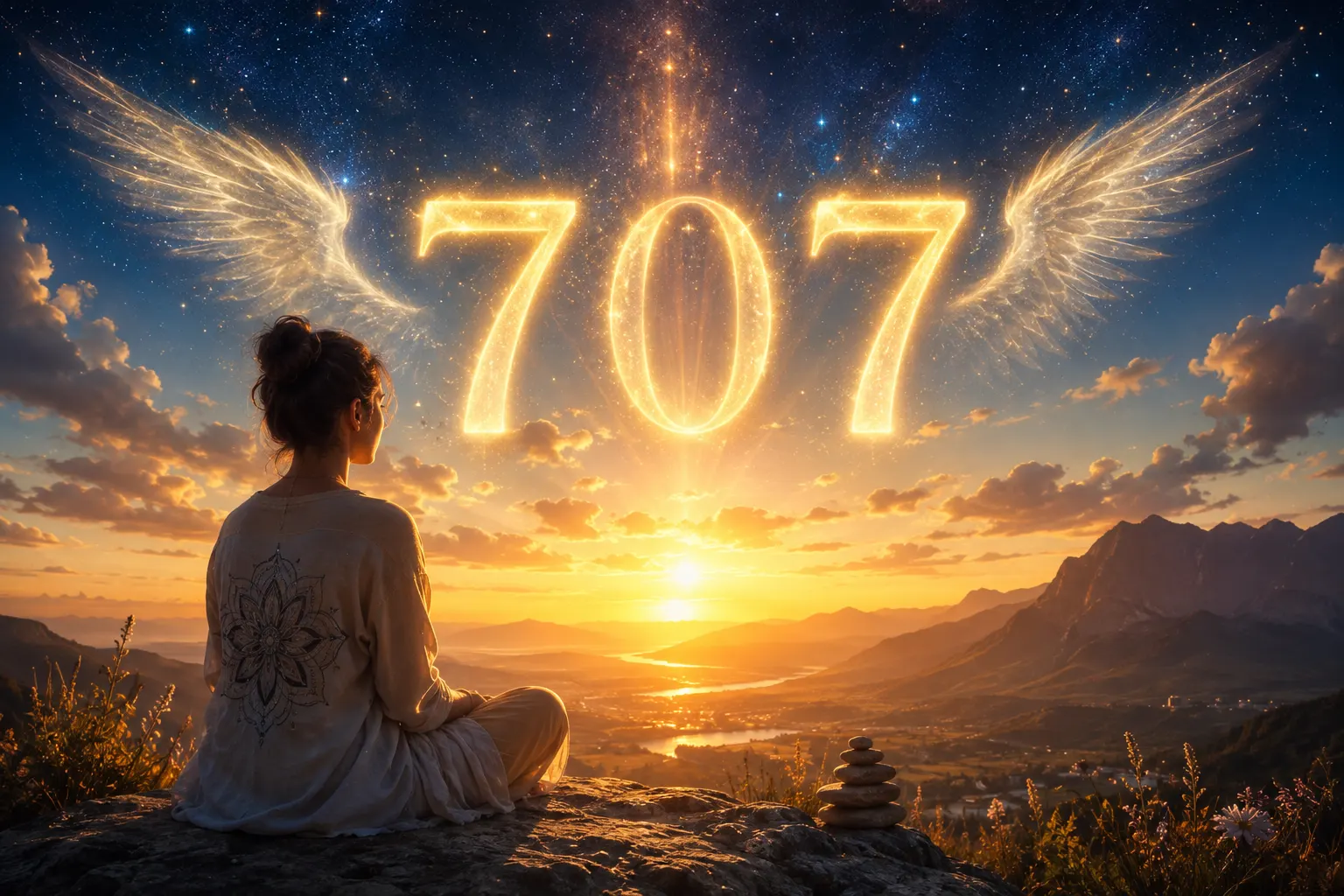 Angel number 707 shown with glowing spiritual and cosmic imagery