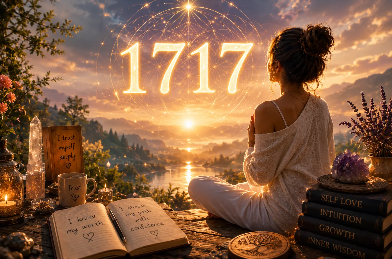 Angel number 1717 shown with spiritual and cosmic imagery