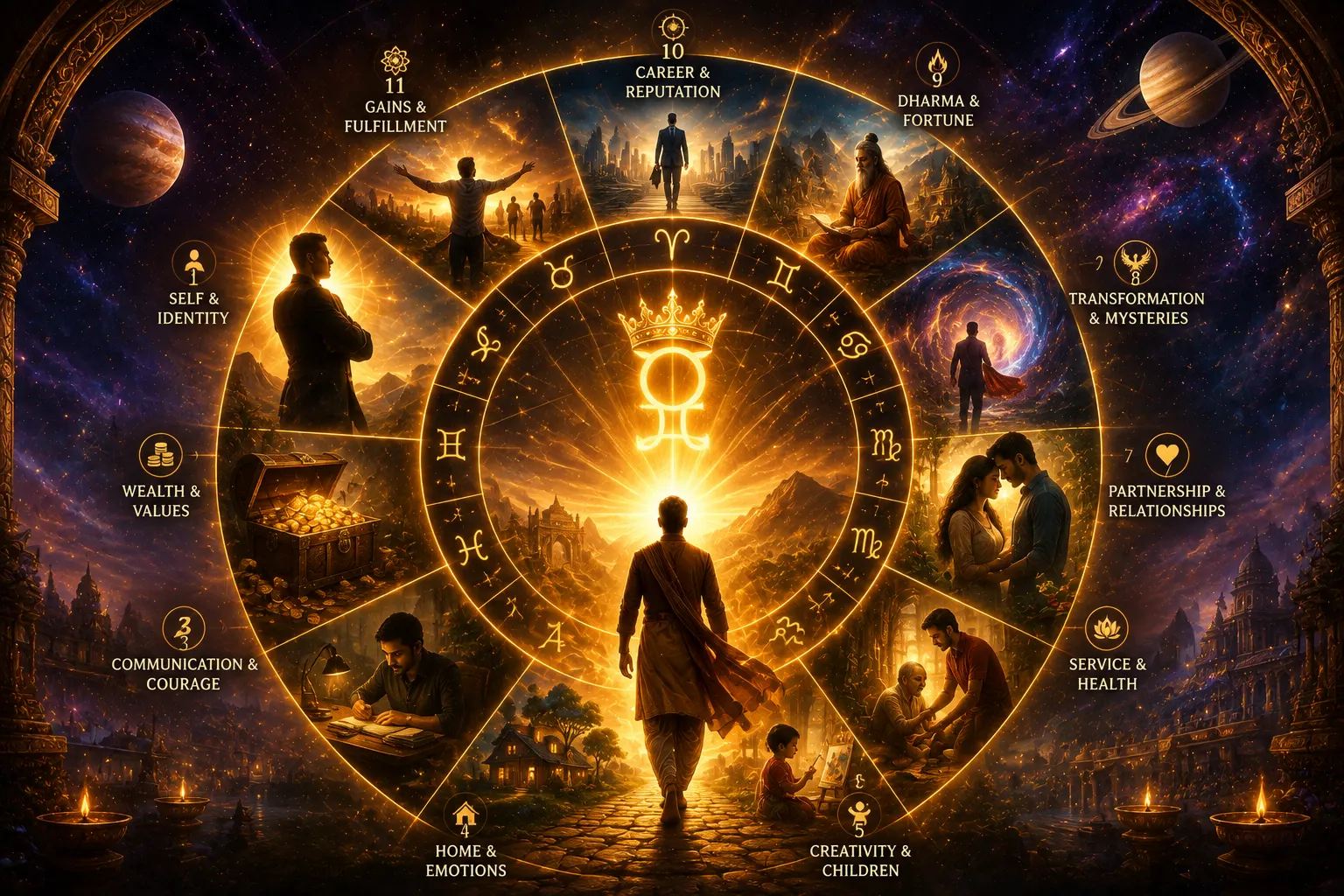 Person standing inside a glowing zodiac circle with astrology symbols