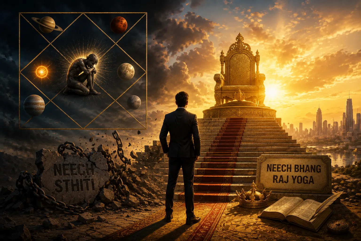 Person standing before a glowing temple with planets and cosmic symbols