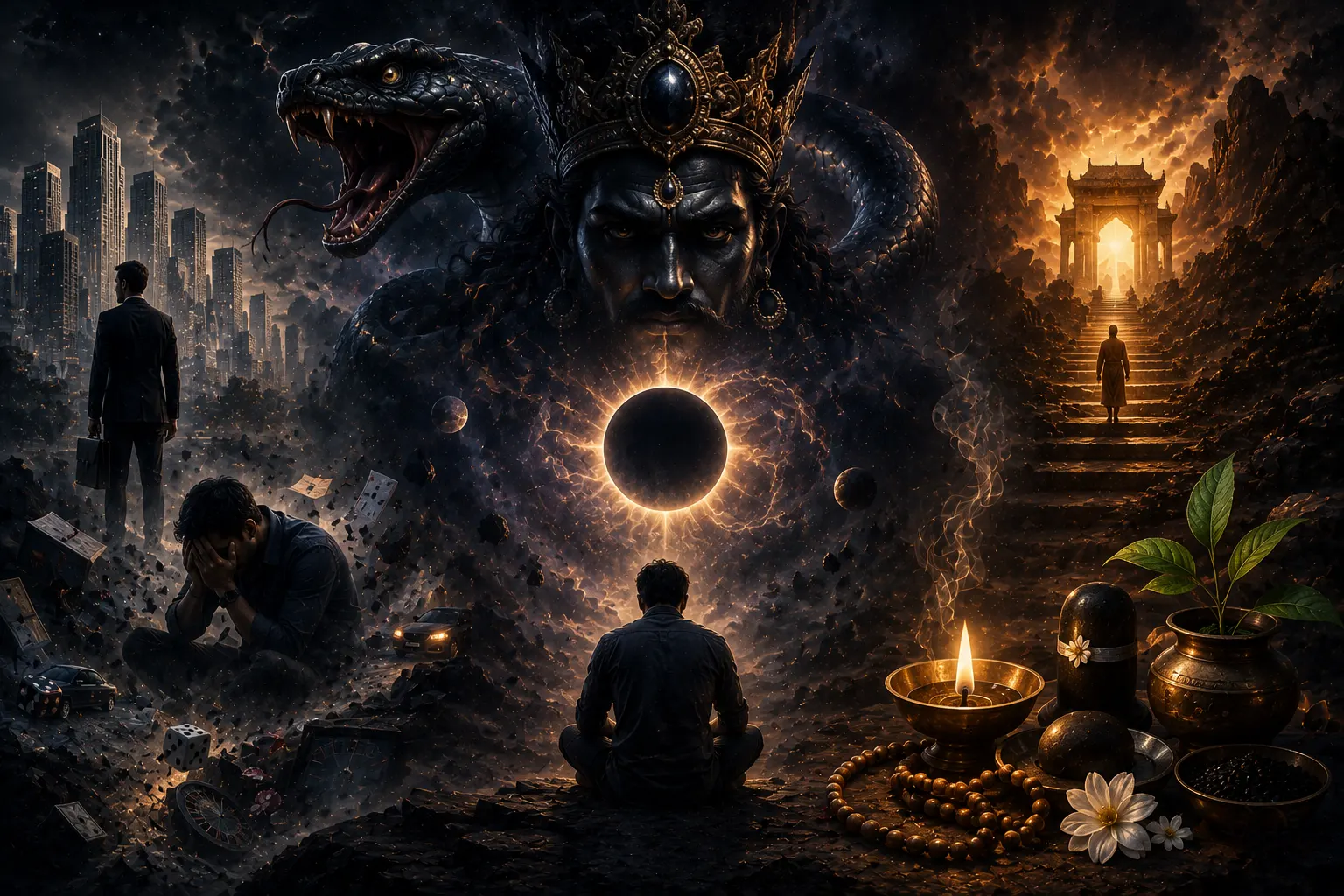 Meditating figure beneath Rahu serpent amid cosmic transformation