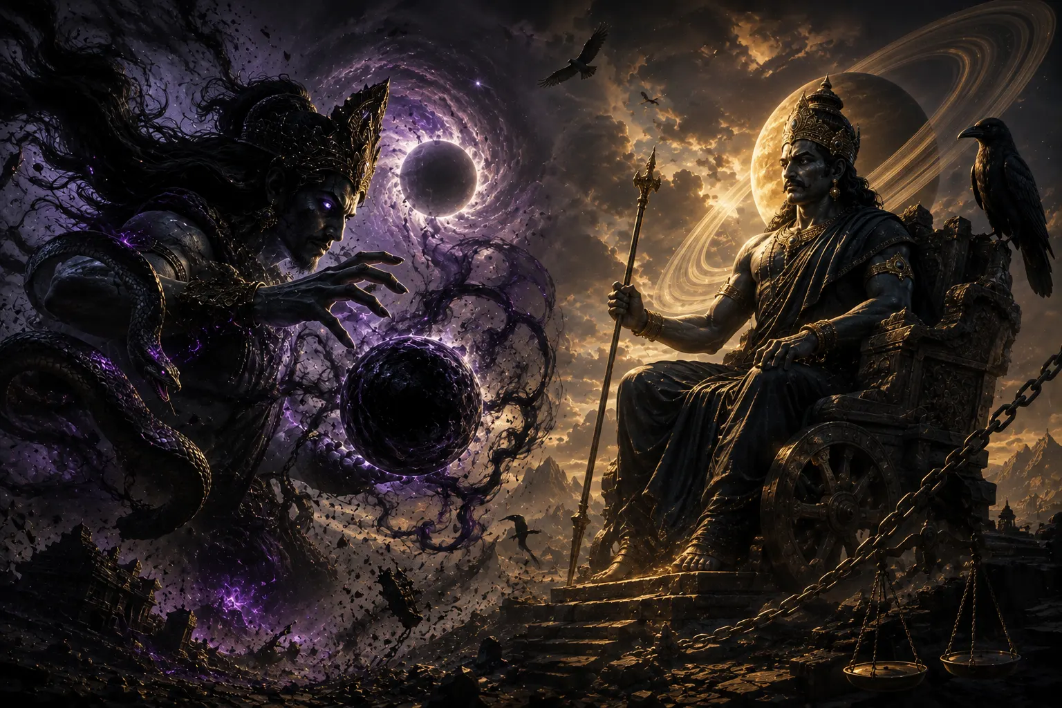 Shani Dev with Saturn in a cosmic astrology setting and starry sky