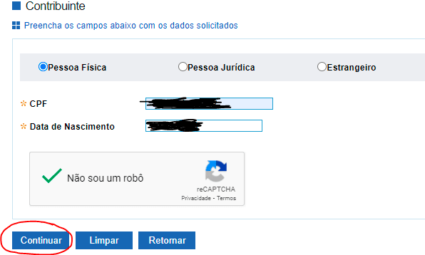 Segunda página do site da Receita para emitir DARF - Dados do Contribuinte