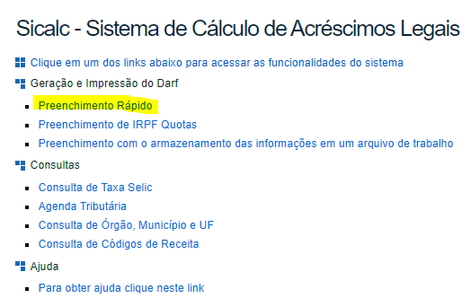 Primeira página do site da Receita para emitir DARF