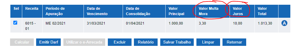 Seleção mostrando Multa e Juros na hora de emitir DARF quando o contribuinte atrasa o pagamento