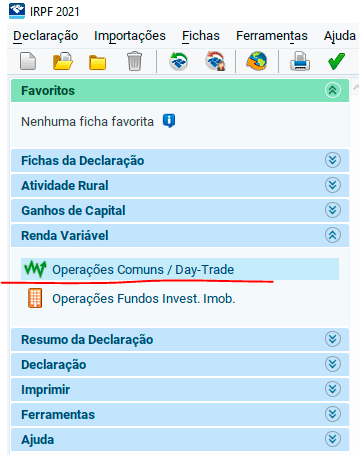 Menu de escolha da Declaração Anual de Imposto de Renda