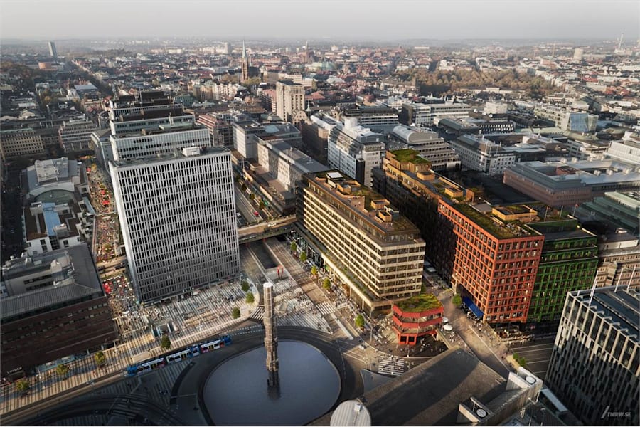 Malmskillnadsgatan 36 - Flygvy över Sergelstan med Sergelgatan, Hötorgsskraporna, Sergelhuset mot Sveavägen, Malmskillnadsgatan och Hamngatan samt Paviljongen.