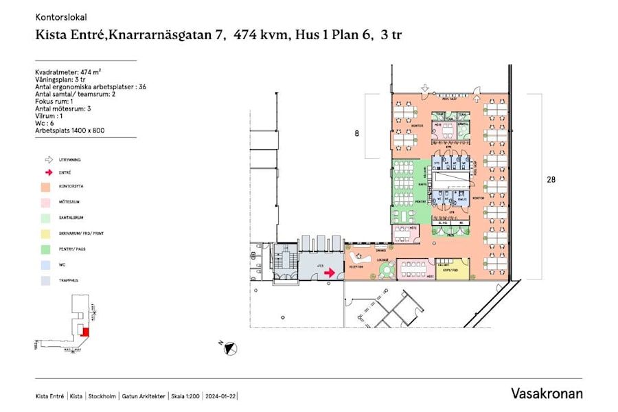 Knarrarnäsgatan 7 - Kista Entré, plan... - Ritning Kista Entré Hus 1 plan 6 (3 tr) 474 kvm