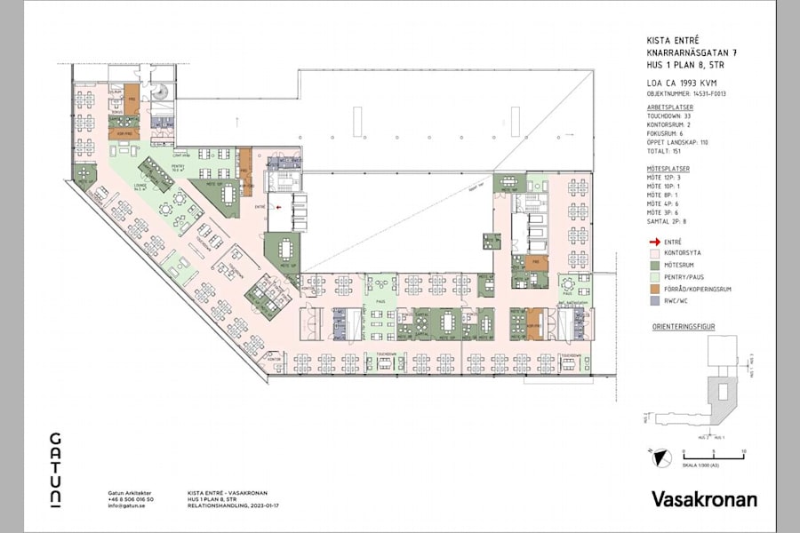 Knarrarnäsgatan 7 - Kista Entré, plan... - Ritning Kista Entré, Hus 1, plan 8, ca 1993 kvm, 14531-F0013