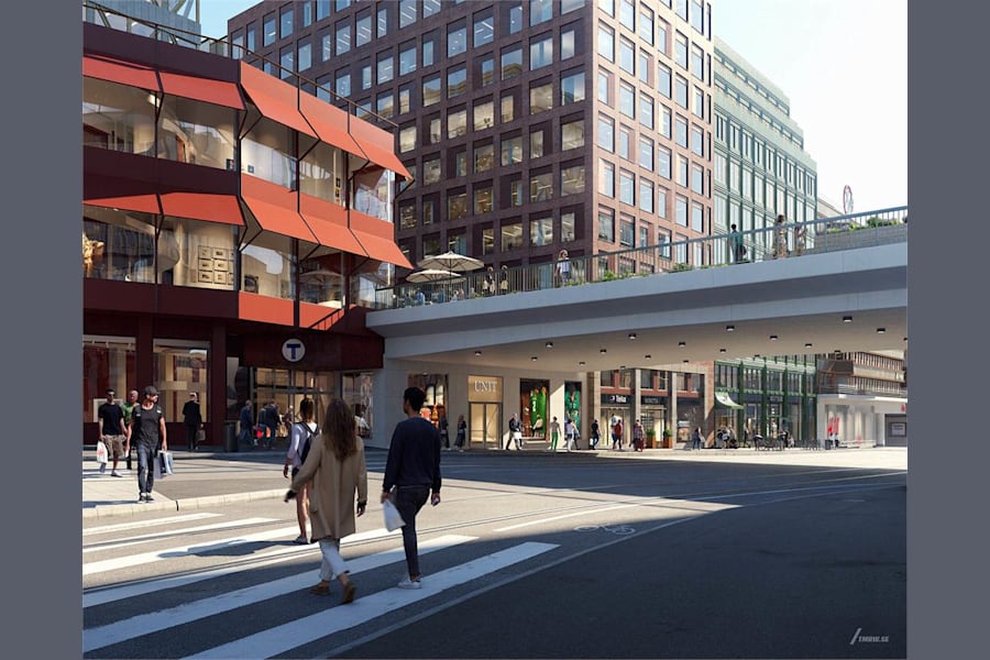 Malmskillnadsgatan 36 - Paviljongen i hörnan Sveavägen/Hamngatan med fastigheterna på Malmskillnadsgatan och Hamngatan i bakgrunden.