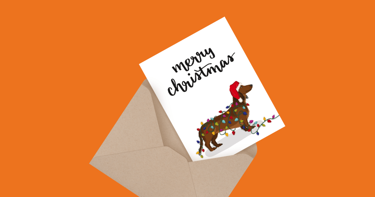 Weiner Dog Wrapped In Lights Christmas Card | Postable | Postable