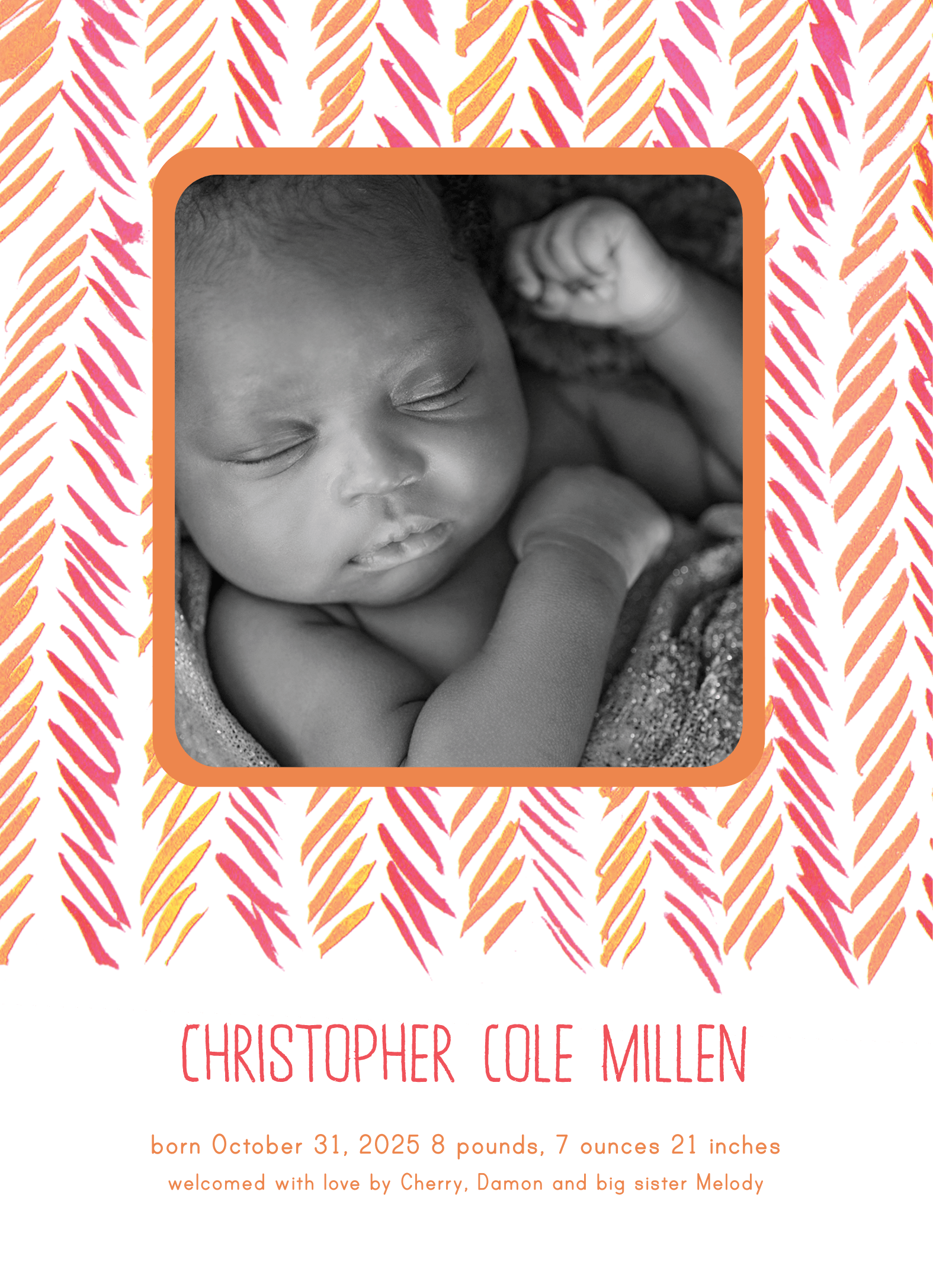 Orange Chevron Birth Announcement
