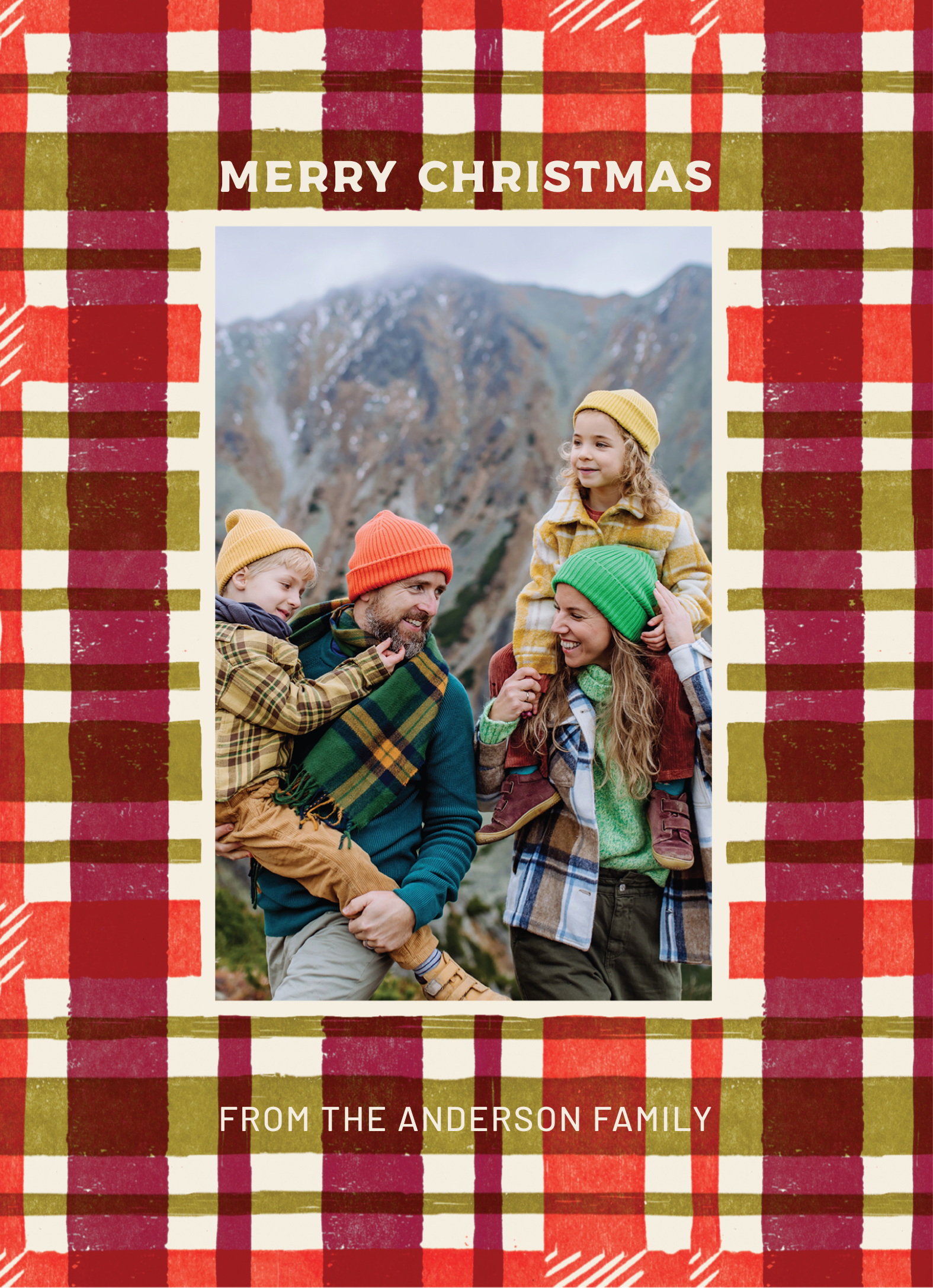 Red Woodcut Plaid Merry Christmas