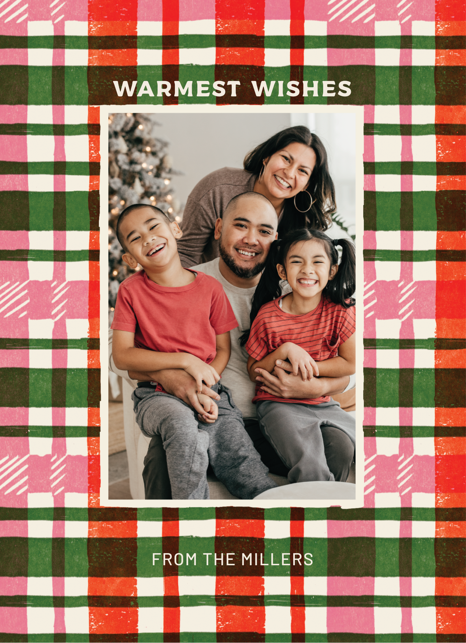 Pink Woodcut Plaid Merry Christmas