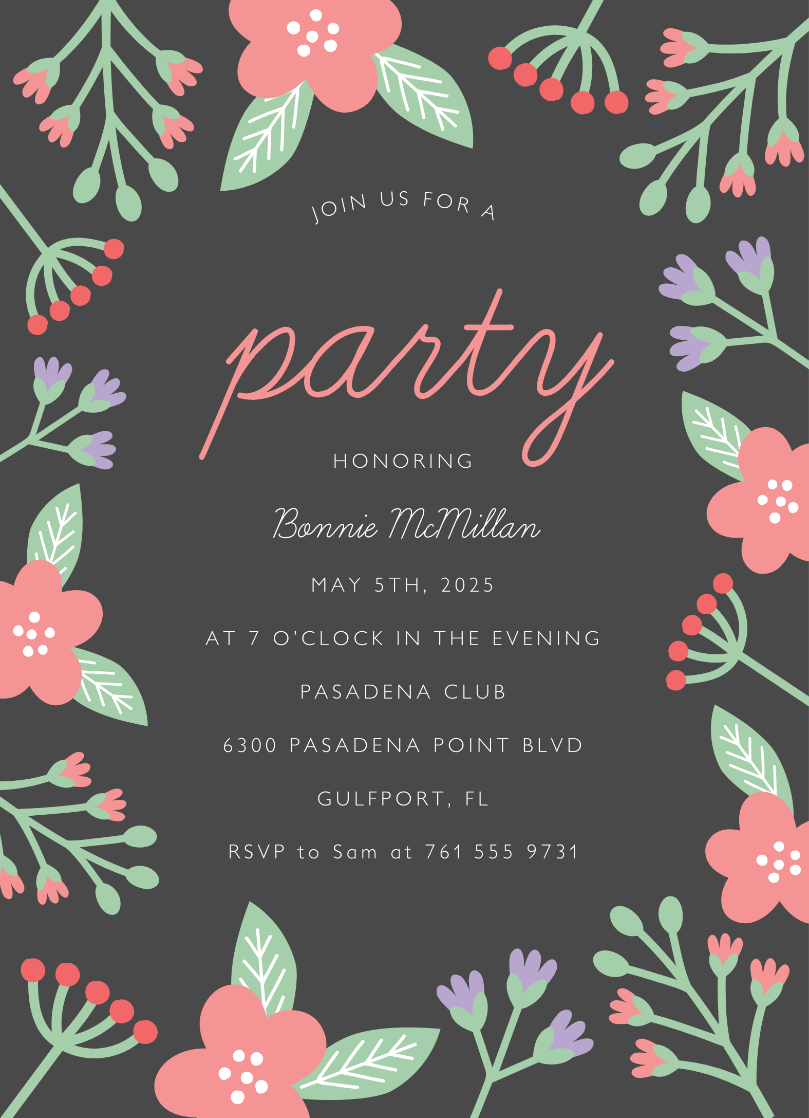 Grey Floral Party Invite