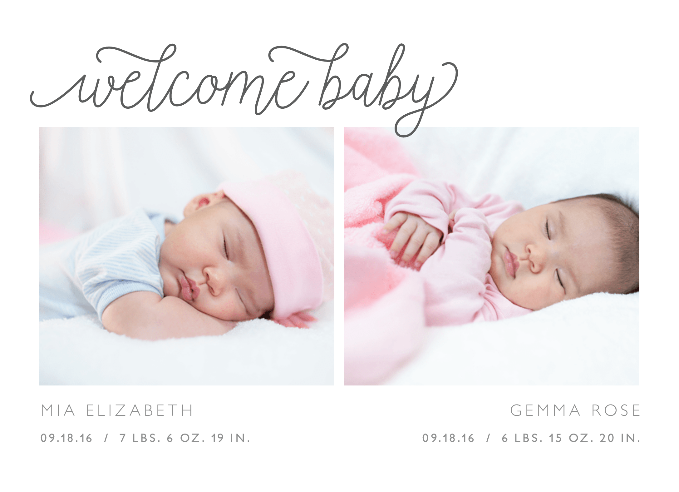 Twin Grey Script Birth Announcement