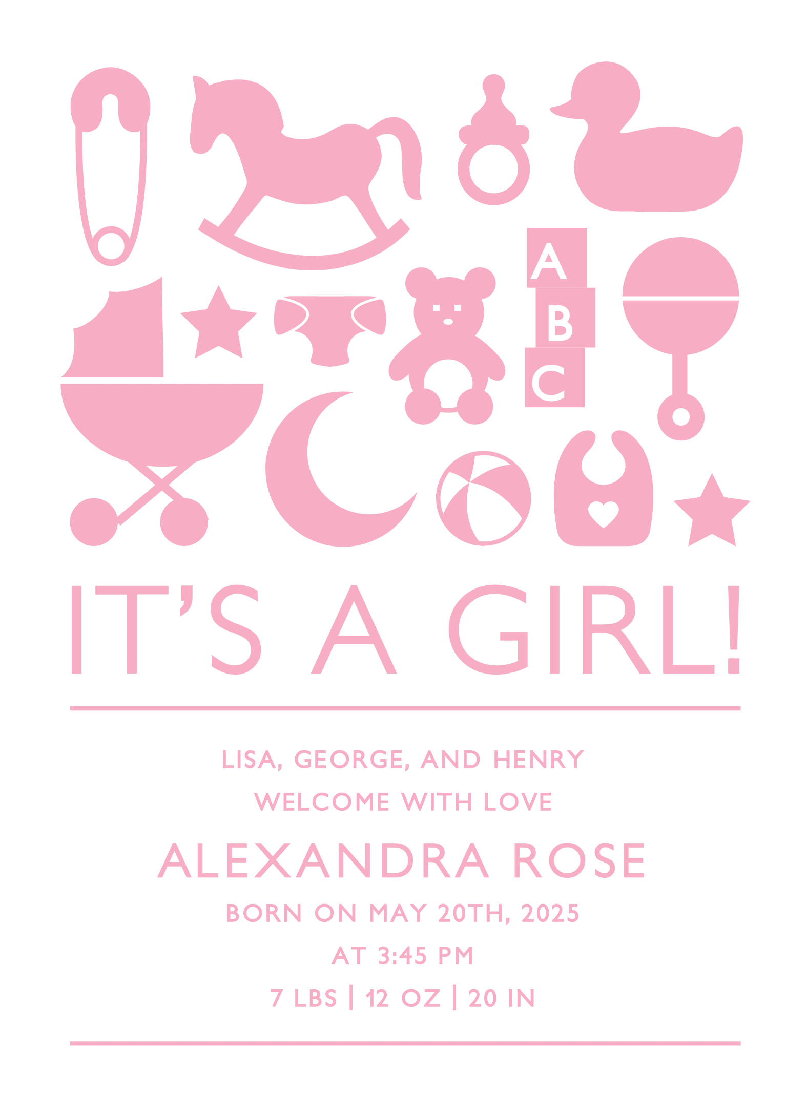 Baby Icons Pink Birth Announcement