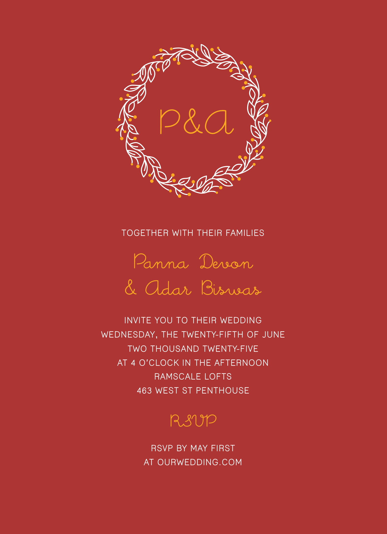 Red Initial Wreath Invite