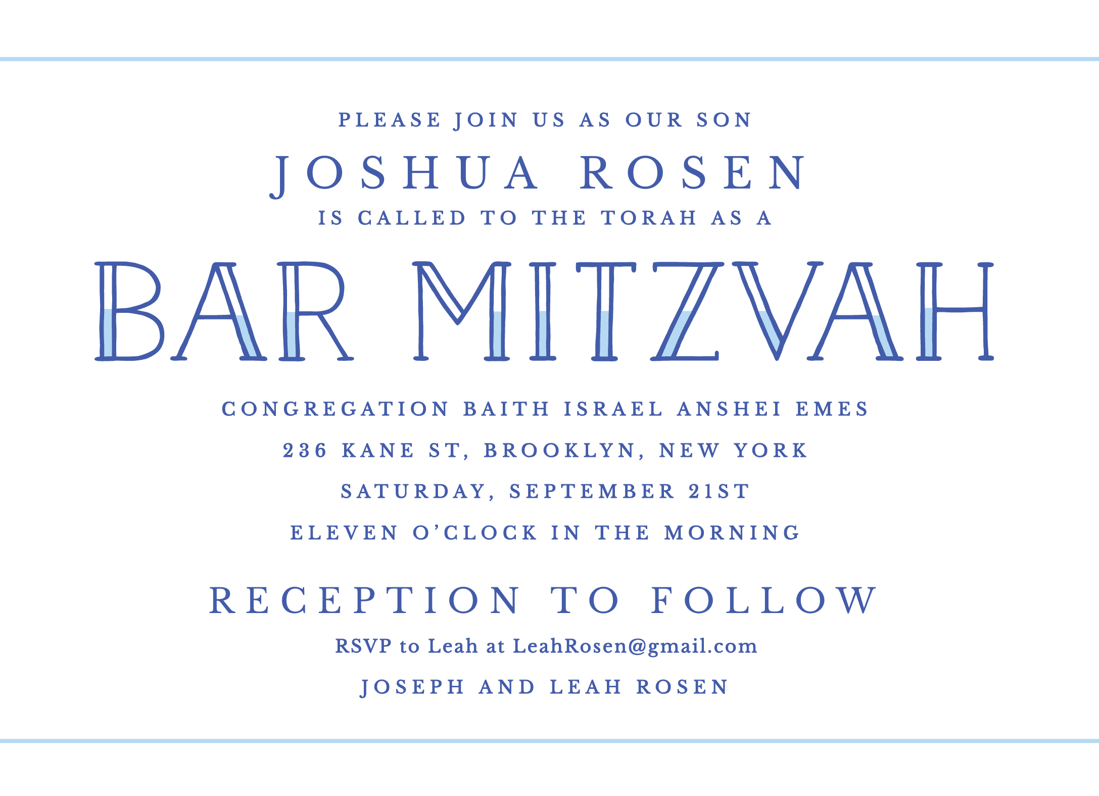 Blue Lettering Bar Mitzvah Invite