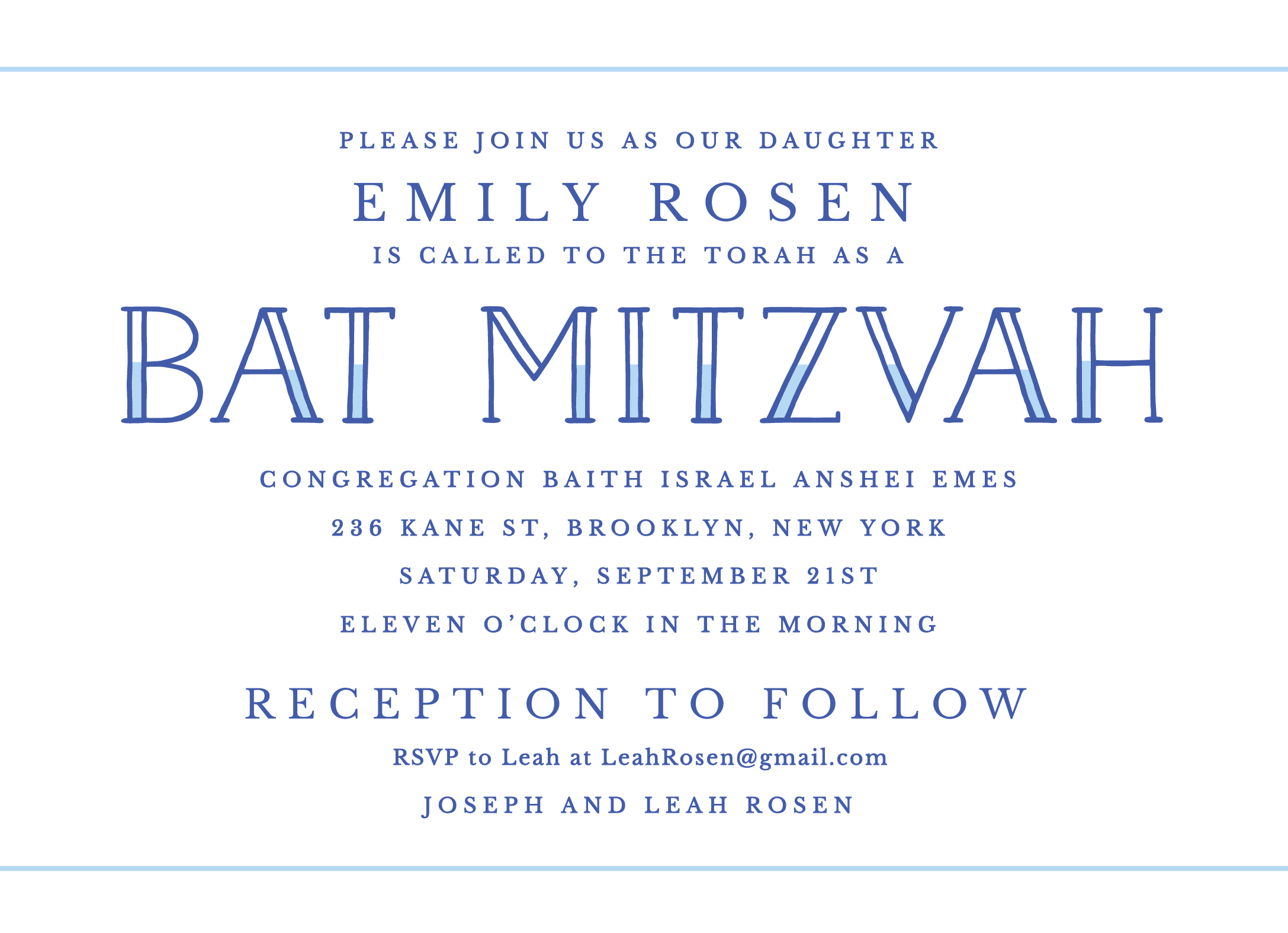 Blue Lettering Bat Mitzvah Invite