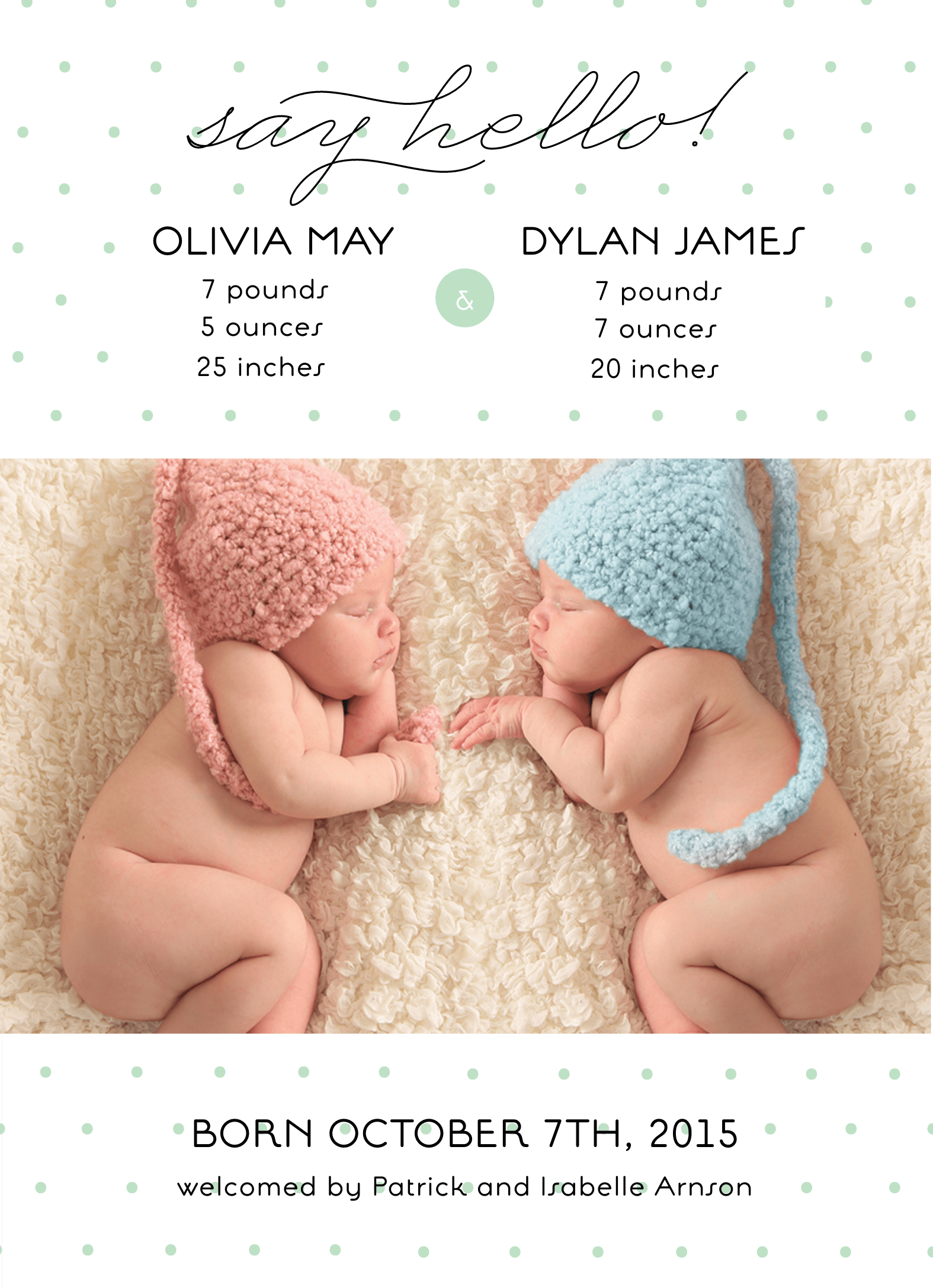 Mint Dots Twin Birth Announcement