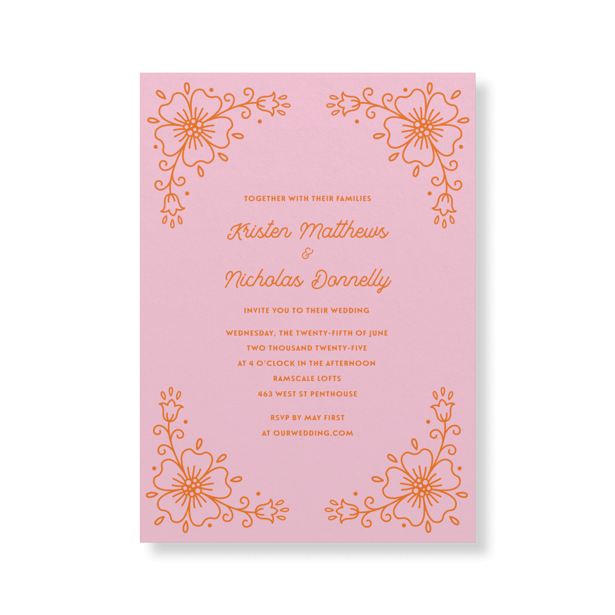 Orange \u0026 Pink Floral Invitations Card, image size:1200x1200