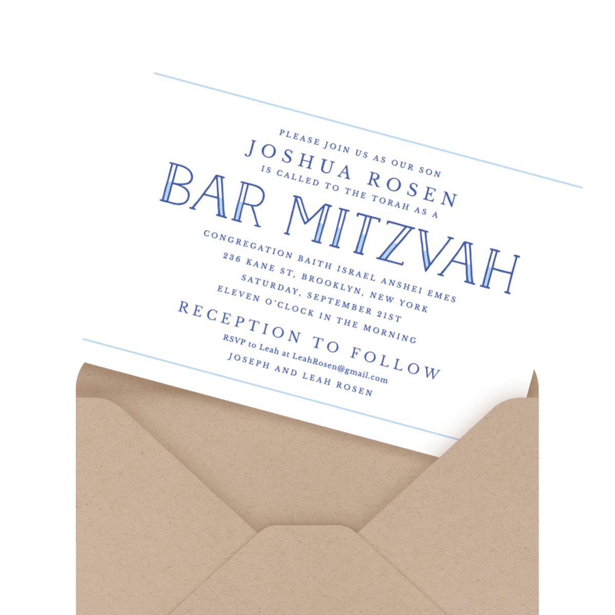 blue and white bar mitzvah invite