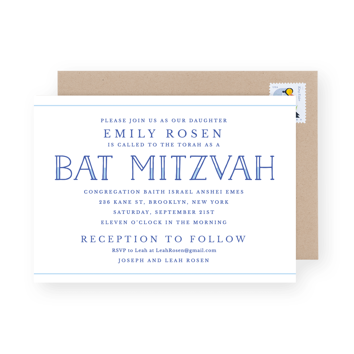 Blue Lettering Bat Mitzvah Invite