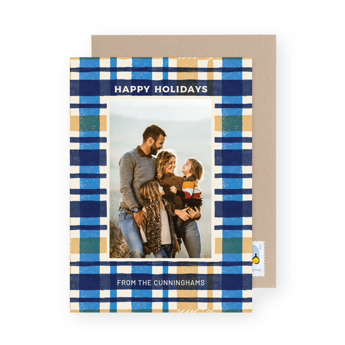 Blue Woodcut Plaid Happy Holidays