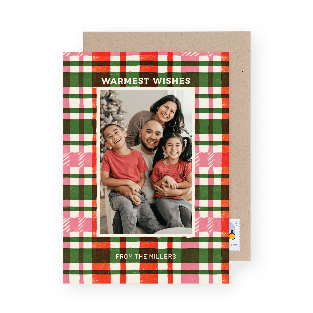 Pink Woodcut Plaid Merry Christmas