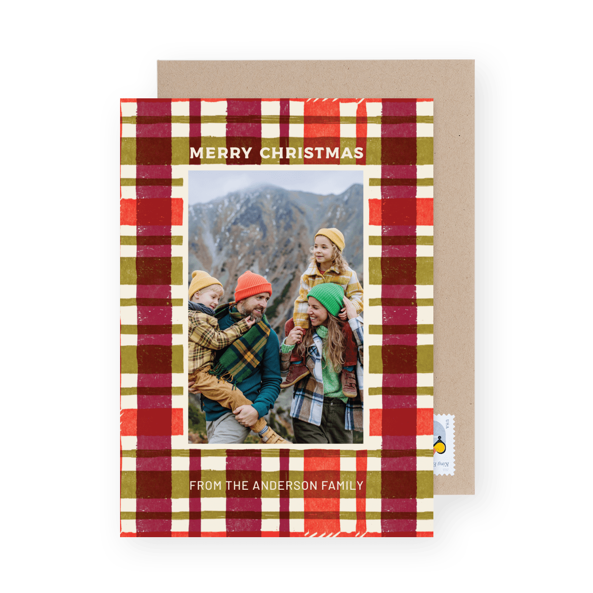Red Woodcut Plaid Merry Christmas