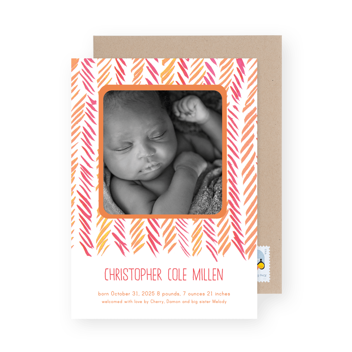 Orange Chevron Birth Announcement