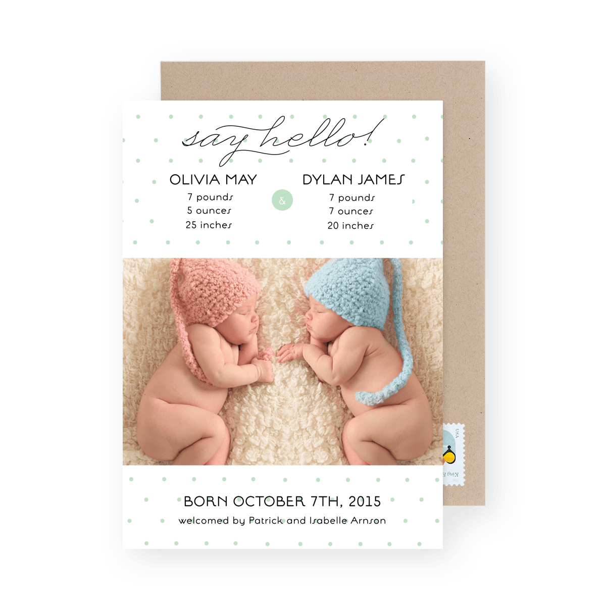 Mint Dots Twin Birth Announcement